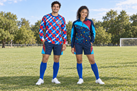 Conception personnalisée de tenue de football avec maillot, short et veste zippée, créez vos propres blocs de couleurs, emplacement de motifs et options de manches