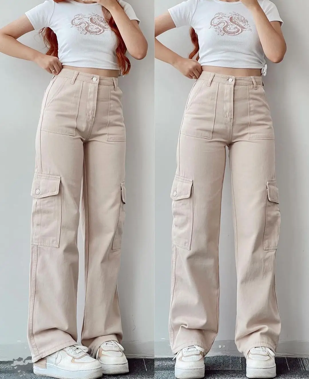 Holesale-pantalones cargo informales para mujer, pantalón de cintura alta con bolsillo