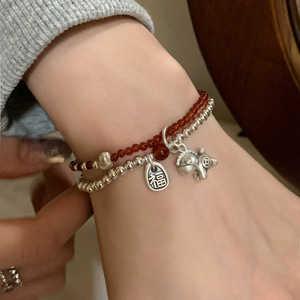 Pulsera de doble capa con colgante de poni de plata de ley S925 con ágata roja para mujer, joyería de uso diario - Product Image 1