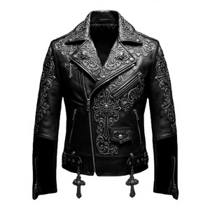 Plain High Street Men's Vintage <b>Gothic</b> Varsity <b>Jacket</b> Punk Leather Coat Winter Eco-friendly Silver Skull Cross Hardware Zipper - Product Image 1