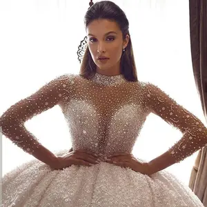 Luxury Beading African Long Sleeve High Neck Ball Gown Shiny Sequins Wedding Dress
