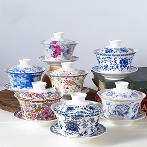 300ml tradizionale stile cinese blu e bianco coperchio in ceramica ciotola tazza da tè con vassoio per la sala da tè - Product Image 1