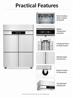 Réfrigérateur-congélateur vertical commercial à 4 portes, refroidissement par air, en acier inoxydable, double température, pour restaurant, hôtel, équipement de cuisine