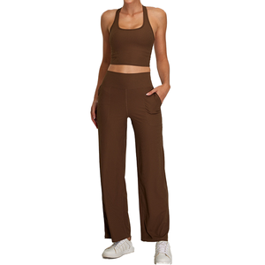 Conjunto Deportivo de 2 Piezas para Mujer, Diseño Sólido, Transpirable, Pantalones con Cintura Elástica y Top con Logotipo Frontal para Entrenamiento y Yoga - Product Image 4