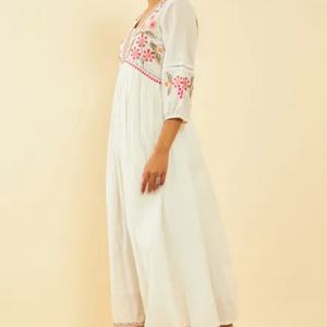 Vestido de Primavera/Otoño, Ropa de Lujo, Bordado Floral, Vestido Largo de Lino y Algodón Blanco para Mujer - Product Image 4