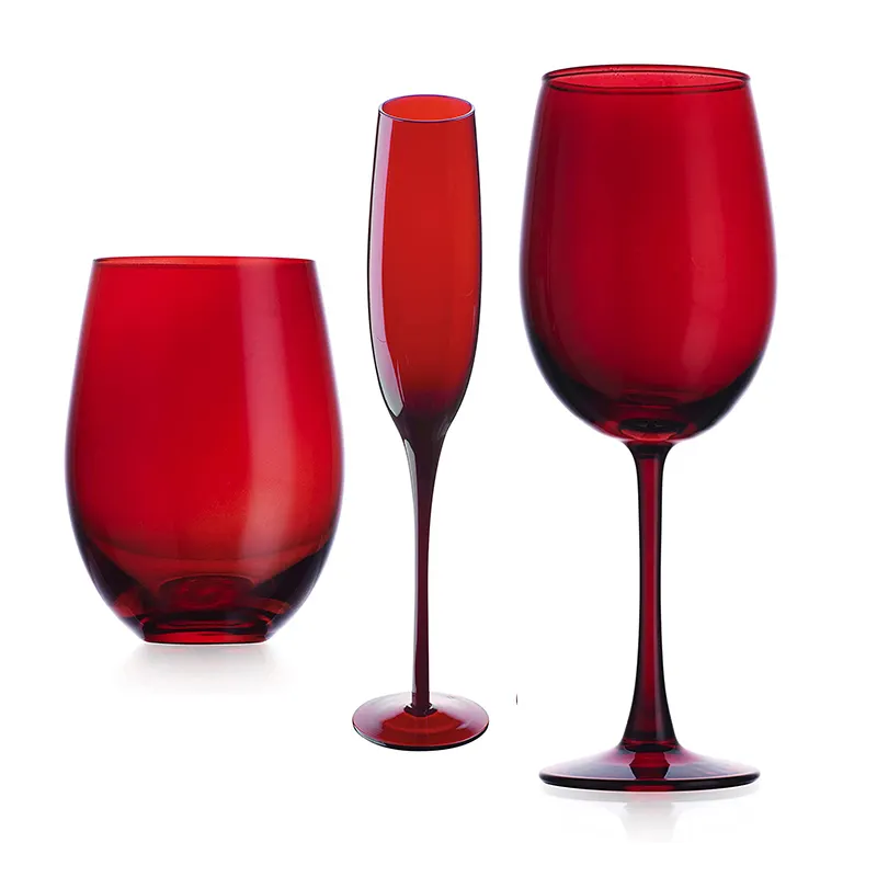 Yeni tasarım özel kristal tadım cam bardak cam şarap bardak zarif kırmızı renkli şampanya cam kırmızı şarap kadehleri sapsız