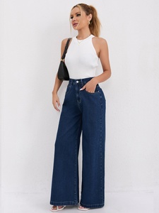 <span class=keywords><strong>Jeans</strong></span> de <span class=keywords><strong>mujer</strong></span> 2026 de cintura alta, azul oscuro, rectos, largos hasta el suelo, lavados, con botones, casuales, sencillos, de secado rápido, de verano, de mezclilla sólida, holgados, de pierna ancha - Product Image 4