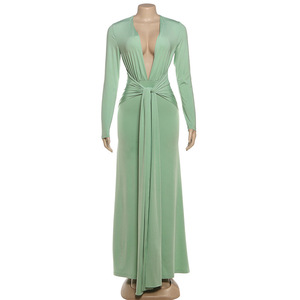 Robe moulante à manches longues, couleur unie, col en V profond, sexy, minimaliste, best-seller pour femmes, tendance - Product Image 2