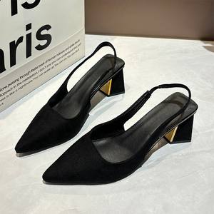 Sandales noires femmes été nouvelle mode femmes sandales pointues pompes femmes chaussures bureau robe chaussures Sexy talon carré chaussures hautes - Product Image 5