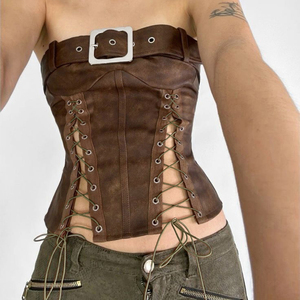 Y2K <b>Brown</b> Vintage Breathable Eco-Friendly Metal Button Drawstring <b>Tie</b> Ribbons Club Nightlife Leather Bandeau Top - Product Image 2