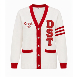 Cardigan en tricot personnalisé pour femme, col en V, boutonné, manches longues, bordure contrastante, style européen, coupe classique, broderie - Product Image 1