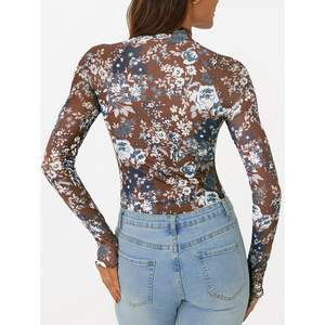 Automet 2025 Spring Fashion Satin Silk Going Out <b>Tops</b> for Women <b>Long</b> <b>Sleeve</b> Floral <b>Mesh</b> Mockneck Embroidered Logo Sizes XL & 4XL - Product Image 3