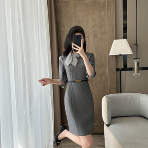Elegant Mock Neck Dress With Splicing Design Anti-Wrinkle Workwear For Office Reception Beauty Salon Hotel Staff Uniform - Product Image 2