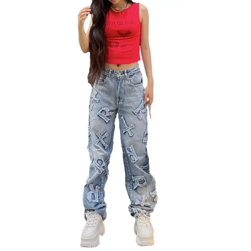 Customized letters patch embroidery loose jeans high waist Korean casual hip-hop straight leg jeans jeans ladies