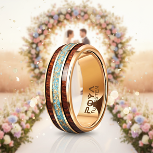 טבעת טונגסטן בצבע זהב ורוד 8 מ\\\"מ, משובצת עץ לונגן, טורקיז ונייר זהב, מתאימה לגברים ונשים כמתנה - Product Image 2