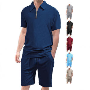 Conjunto de Pantalones Cortos de Verano para Hombre, con Cuello y Manga Corta, Tela de Rizo, Ropa Deportiva Informal de Dos Piezas, Color Caqui, Azul Marino, Negro, Borgoña, Azul Claro - Product Image 3