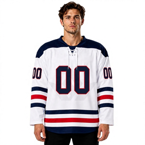 Maillot de hockey sur glace personnalisé pour homme, 100 % polyester, impression sublimée, séchage rapide, coupe classique, col en V, manches longues, fermeture à cordon - Product Image 1