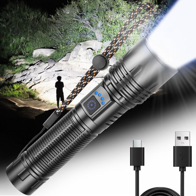 New 30W LED Flashlight Aluminum Alloy Rechargeable USB Type-C IPX4 Waterproof Zoom Expandable 800 Lumens Ultra-Bright Outdoor
