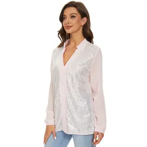 2023 New Sexy Office Lady Blouses Casual Sequined V Neck Long Sleeved Chiffon Shirt