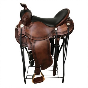 Sillín de Caballo Estilo Occidental 100% Cuero Marrón con Herrajes SUS304, Talla Completa, Duradero, con Estructura de Madera Sostenible, Sillín de Carreras, ¡Venta Caliente! - Product Image 1