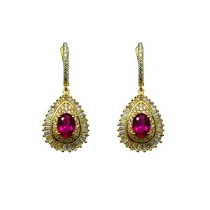 Vintage Exotic Egypt Baguette Water Drop Shape Oval Ruby Drop Earrings Saudi Arabia 925 Silver With Gold 18k Plated