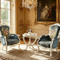Französisches Rokoko-Sessel-Set, handgeschnitzter Massivholz-Akzentsessel, Vintage-Wohnzimmer-Villa-Freizeitsessel mit Beistelltisch