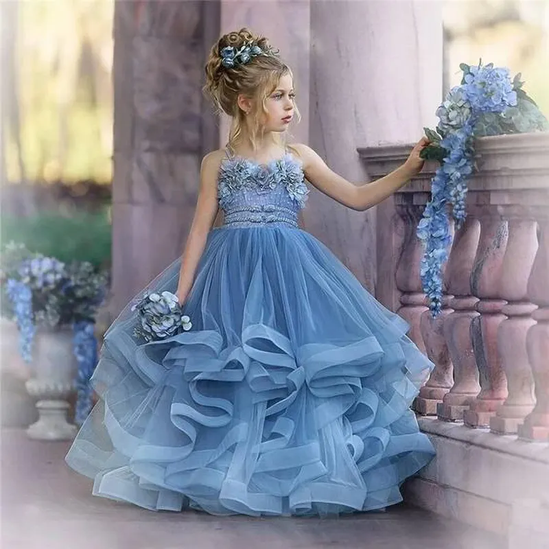 Yalindars New Princess Girls Floral spaghetti strap pageant frock birthday luxury fluffy kid ball gown wedding dress