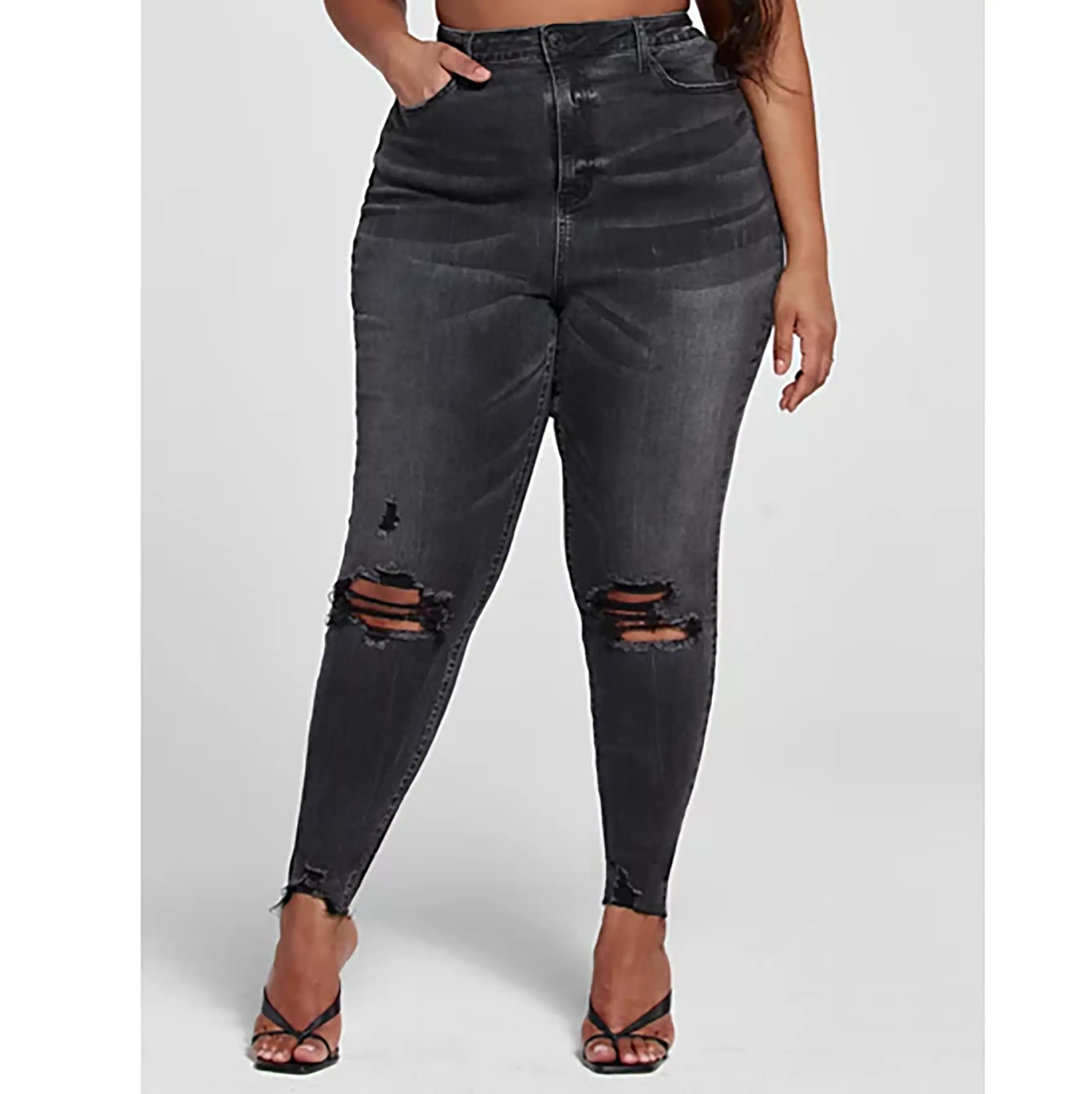 OEM Plus Size Cintura Alta Lavagem Preta Jeans Skinny com destruição do joelho Mãe Jeans Cor Preta Rasgado Calças Sexy