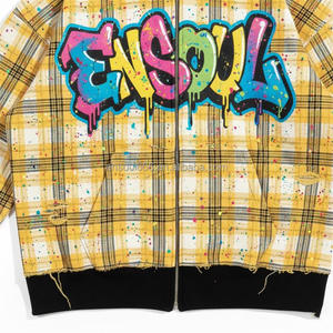 Erkek Ekose Fermuarlı Kapüşonlu Sweatshirt Graffiti Baskılı Eskitme Asit Yıkama Boya Sıçraması Sokak Modası Kapüşonlu Sweatshirt Özel Sokak Modası - Product Image 3