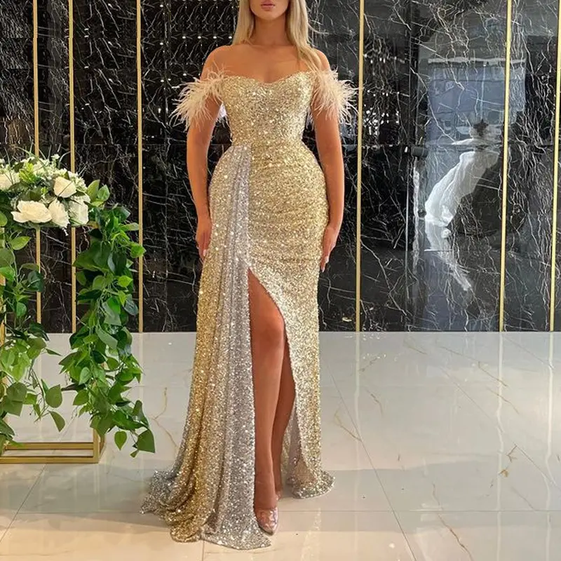 Sexy Women Off-shoulder Strapless Sleeveless Party Dress Women Sequin Evening Dresses Gold Split Dress