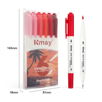 Marqueurs à double pointe Kmay K-687, série rouge, 6 couleurs, encre à base d'eau, flux fluide avec pinceau et pointes fines pour la calligraphie