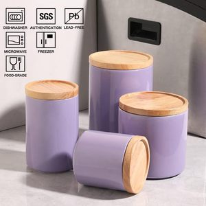 Ceramic Food Storage Jar Stackable Kitchen Canisters <strong>Containers</strong> with Airtight Seal Wooden Lid for <strong>Ground</strong> <strong>Coffee</strong> Tea Sugar - Product Image 5