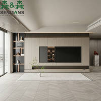 Meuble TV mural intégré SLS moderne et minimaliste, console multimédia de luxe avec texture bois, cheminée et système d'éclairage LED