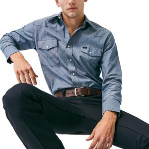 T-shirt à manches longues pour homme, style décontracté chic, col classique, avec poche, en chambray, manches à revers, style western - Product Image 6