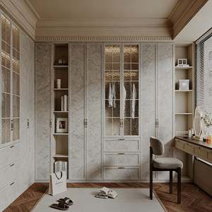 BALOM Custom Luxury Cream Built-in Bedroom Furniture Walk in Closet Wardrobe <b>with</b> Glass Panel <b>Storage</b> and <b>Dressing</b> <b>Table</b> Design - Product Image 5