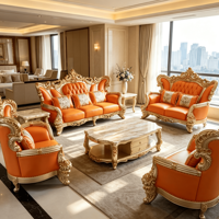 Canapé en cuir orange à accoudoirs enroulés avec cadre doré, prêt à l'emploi, pour salon, villa, hall, restaurant, salle de séjour