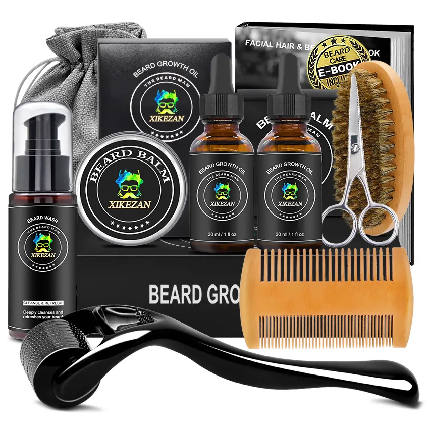 Kit de soin de barbe pour hommes, Kit de toilettage amélioré professionnel, croissance naturelle de la barbe, ensemble de 9 pièces, marque OEM, Kits d'huile de barbe