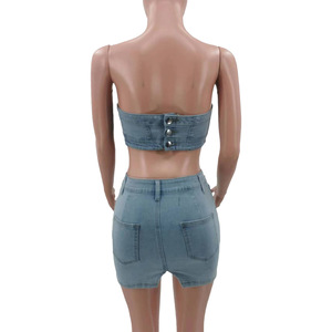 2024 nueva moda tubo Top y minifalda verano mujeres Denim trajes conjunto sin tirantes Crop Top mujer 2 piezas falda conjunto - Product Image 4