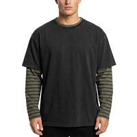 T-shirt Homme Noir Délavé Personnalisé Deux Pièces Rayé Manches Longues Coton Épais Coupe Oversize Rétro Boxy
