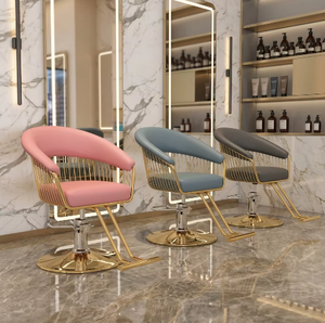 Chaise de coiffure en cuir PU rose à capitons, base ronde dorée, chaise de salon de coiffure pour femme, vente chaude - Product Image 1