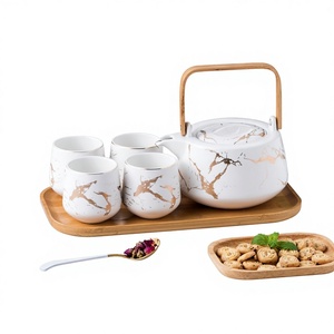 Juego de Té de Cerámica Estilo Japonés con <span class=keywords><strong>Una</strong></span> <span class=keywords><strong>Tetera</strong></span> y Cuatro Tazas, con Soporte de Madera, <span class=keywords><strong>Tetera</strong></span> de Cerámica para el Té de la Tarde - Product Image 1