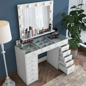 Tocador de Maquillaje Estilo Francés con Tapa de Cristal Grande y 13 Cajones, Tocador de Cristal Nórdico Económico con Espejo con Iluminación LED - Product Image 3