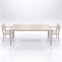 Ensemble de salle à manger d'extérieur en gros avec table rectangulaire à lattes en HDPE et structure en acier empilable et 2 fauteuils