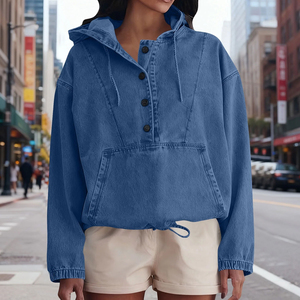 Sudadera con Capucha de Mezclilla para Mujer, Estilo Urbano Holgado, Sudadera con Capucha de Punto para Invierno, Logotipo Frontal ODM, Impermeable - Product Image 2