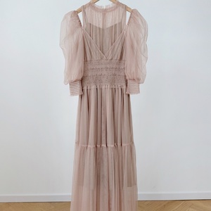 <span class=keywords><strong>Robe</strong></span> en Gaze Charmante à Manches Bouffantes Épaules Dénudées, Taille Cintrée Plissée en Chiffon Élégante pour Femme - Product Image 4