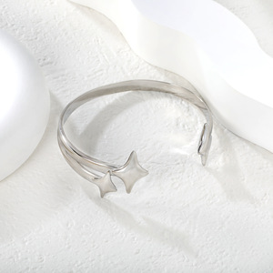 Geometric Four Pointed Star <b>Bracelet</b> 18k Gold Plated Stainless Steel Open <b>Bangle</b> Unisex Jewelry - Product Image 3