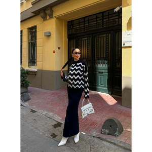 DEFILE Women's Navy Blue Zigzag Patterned Acrylic Knit <b>Sweater</b> and Dress Two-Piece <b>Set</b> for Autumn Winter Casual Wear - Product Image 3