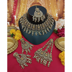 <b>Silver</b> Plated Vintage Copper Pearl Bridal Shadow Choker <b>Necklace</b> <b>Set</b> Earrings Maang Tikka Trendy Handmade Wedding Party - Product Image 3