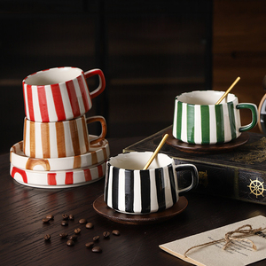 Modern Style Handmade Ceramic <b>Cup</b> and Saucer <b>Set</b> Striped Design <b>Tea</b> <b>Cup</b> <b>Set</b> Cappuccino Coffee <b>Cup</b> - Product Image 1