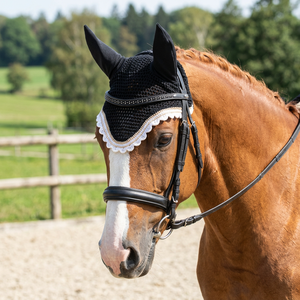 Gorro de malla personalizado de lana y algodón para caballo, negro con ribete de diamantes de imitación, sombrero de red transpirable, equipo de equitación - Product Image 4